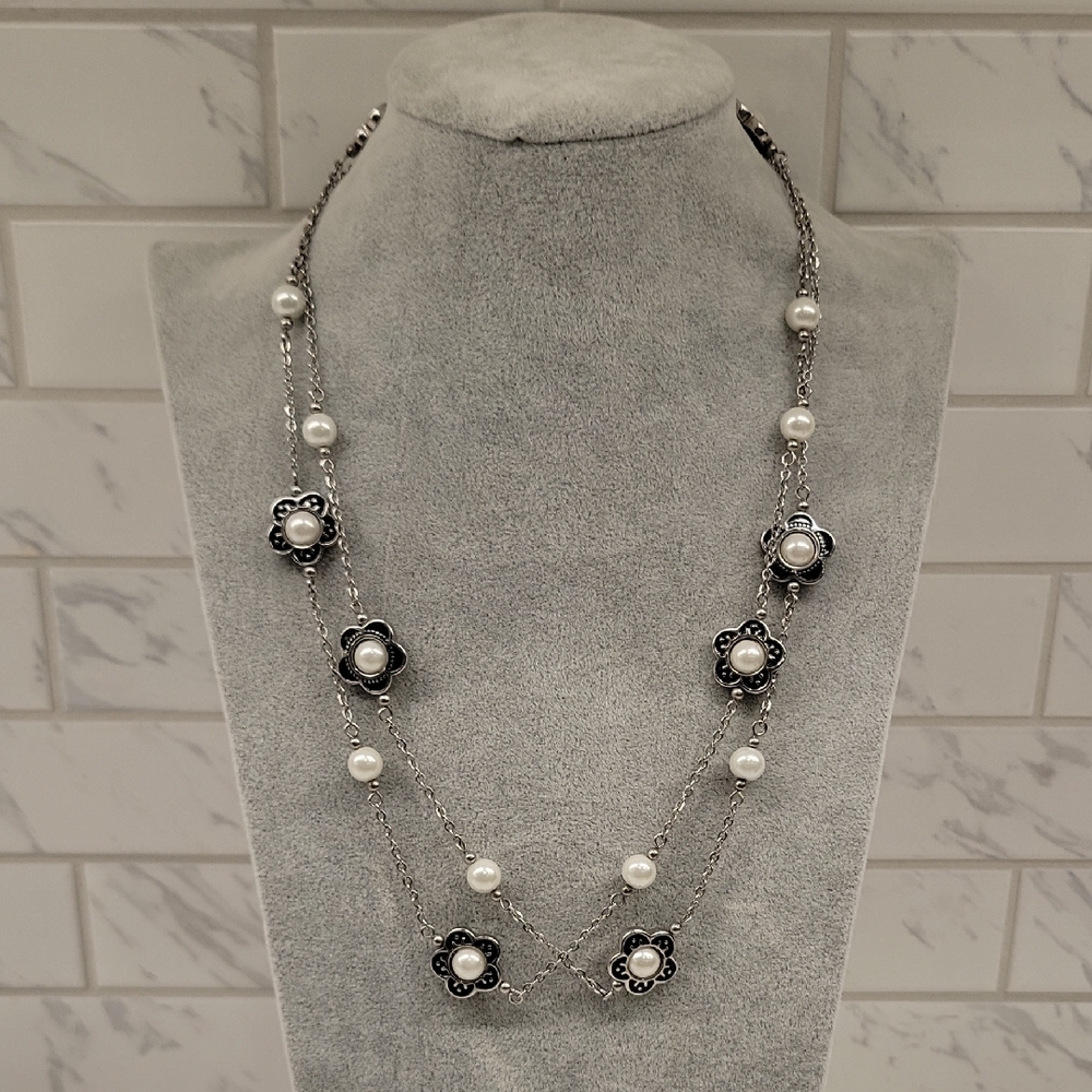 Tocara Stainless Steel Flower And Pearl Necklace